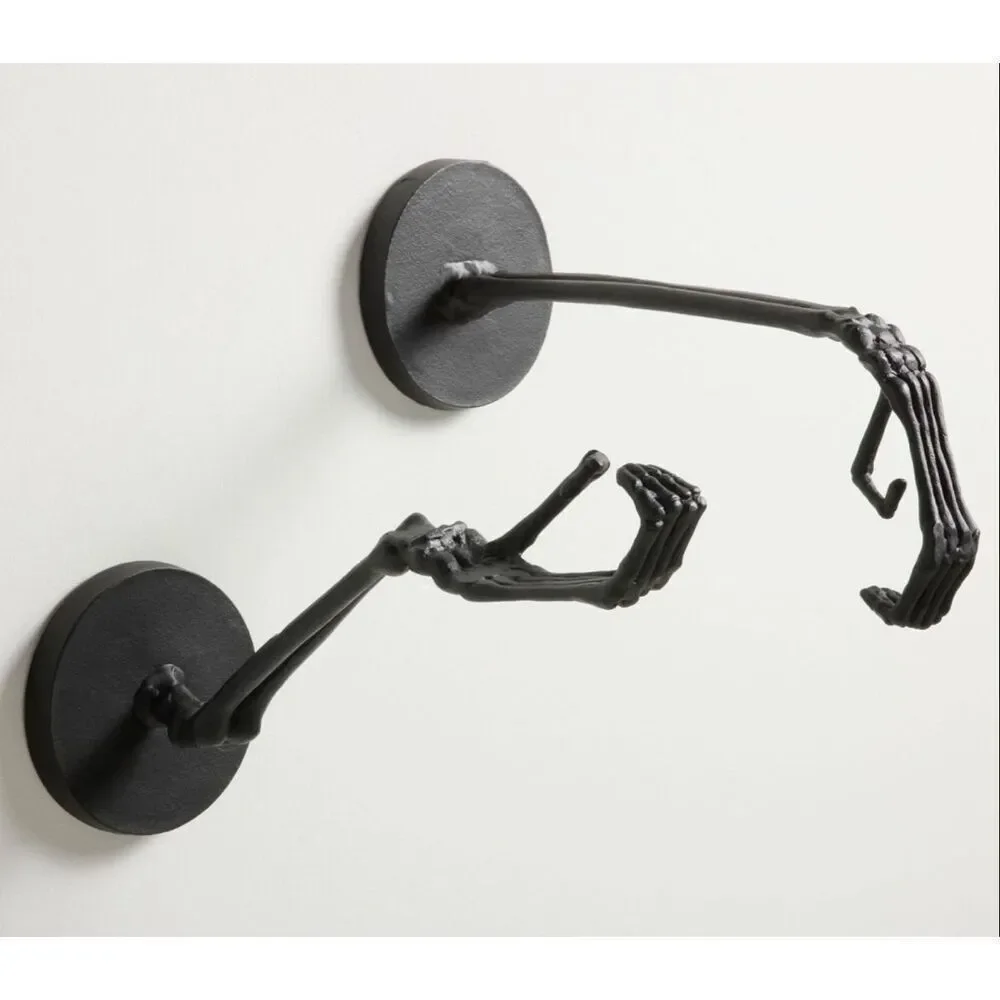 RARE NEW S/2 Pottery Barn Bronze Skeleton Lantern Hand Hooks Halloween